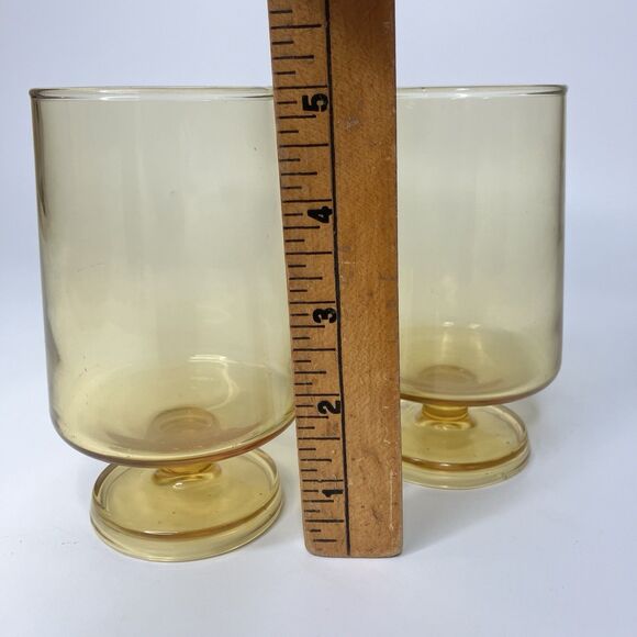 Amber Yellow Glass Footed Pedestal Goblet Drinking Glass 5" Set of 2 Vintage - Picture 5 of 6